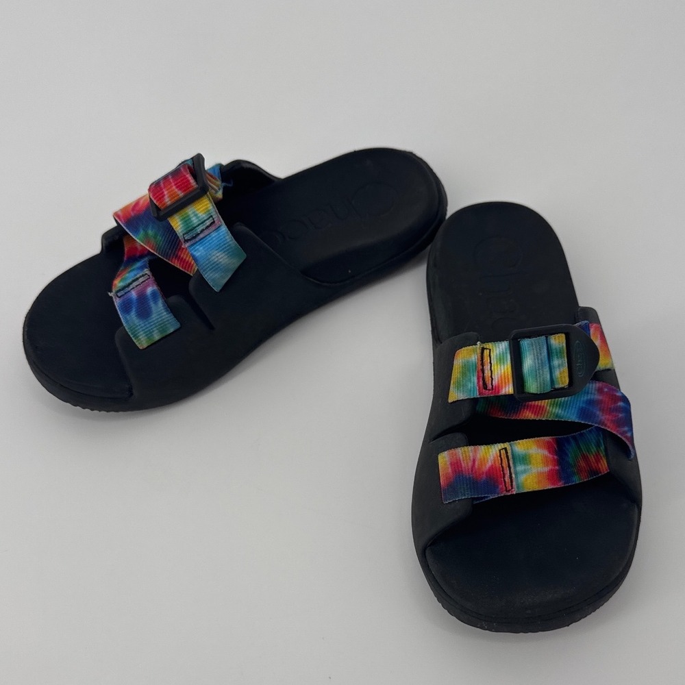 Chaco Chillos Kids Slide Sandals Size 2 Rainbow Tie Dye Adjustable Straps